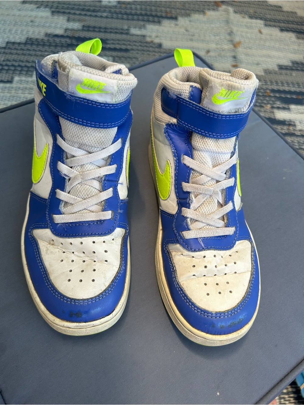 Nike Kids Borough Mid 2 High-Top Sneakers in Blue & Neon Yellow Accent